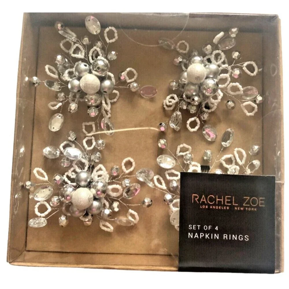 Rachel Zoe Beaded Napkin Rings Set of 4 Rhinestone Silver White 4